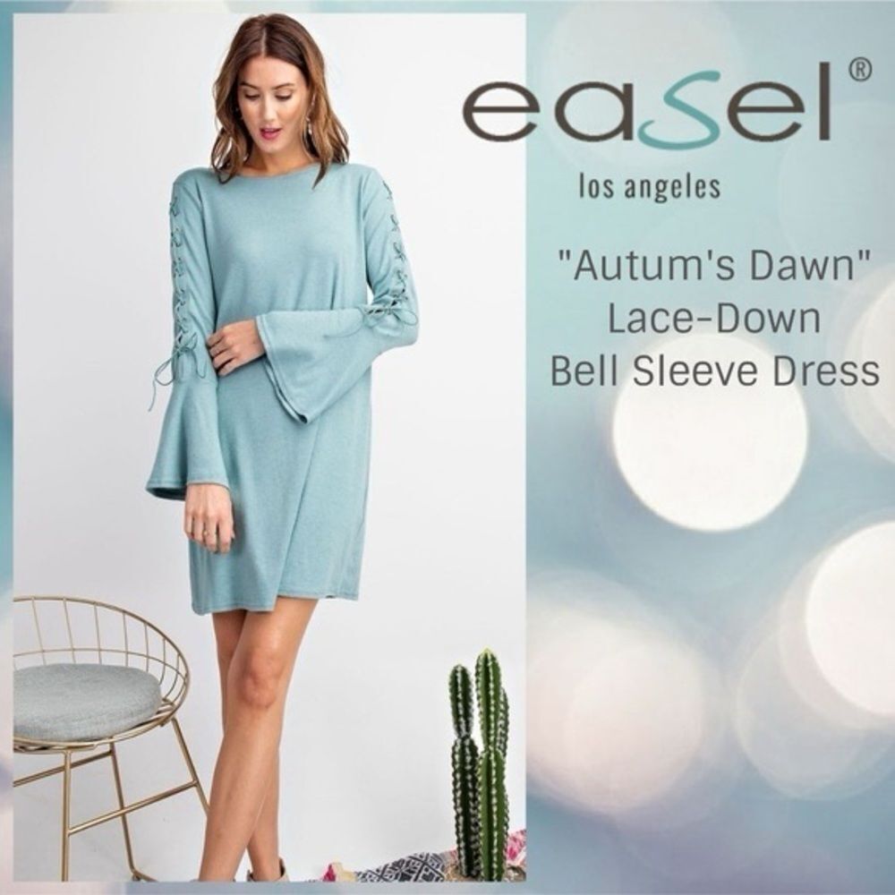 Anthropologie Easel Women's Blue Lace-Down Bell Sleeve Dress